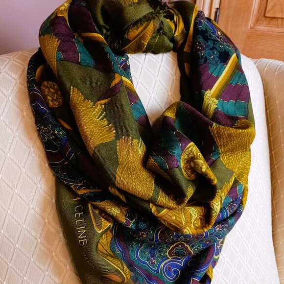 VINTAGE Large CELINE WRAP SHAWL Fall Colours Green golds navy burgandy beige EUC - Picture 1 of 8